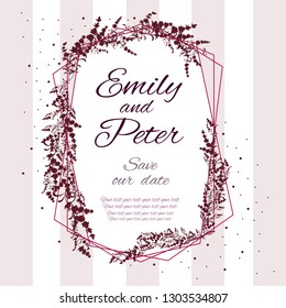 Polygonal vector frame with flowers of lavender, Burgundy. The template for the invitations. All elements are isolated. The silhouette of lavender is red.