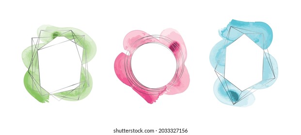 Marco poligonal, vectorial con formas geométricas metálicas, de enlucido plateado. Diamante, forma redonda con trazos de acuarela, puntos. Plantilla mínima para diseño creativo, postales, invitaciones.