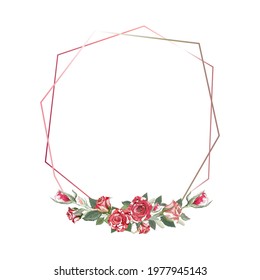 Polygonal vector frame with watercolor red roses. Vintage floral elements. Wedding. Valentine's Day. Love. Use for decoration, cards, frames, flyers, banners, invitations, greetings, messages, etc.