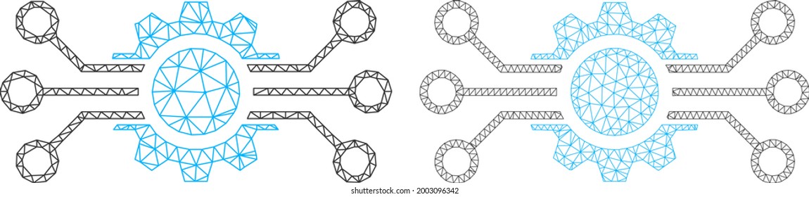 Iconos del circuito del engranaje vectorial poligonal. Imágenes del circuito de los engranajes de la canal poligonal en un estilo de polos bajo con triángulos, nodos y elementos lineales conectados. el concepto de malla del circuito de los engranajes triangulados,
