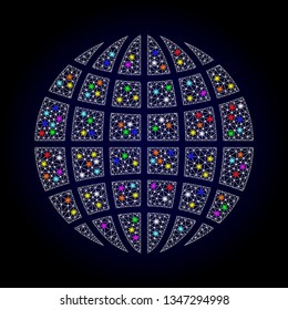 Polygonal vector globe with glow effect on a black background. Abstract triangles, lines, light colorful spots, points forms globe. White mesh, colorful glow spots are placed on different layers.