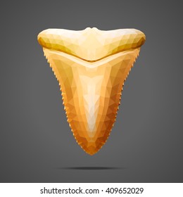 Polygonal vector gold shark tooth. Side light source. Low poly design.