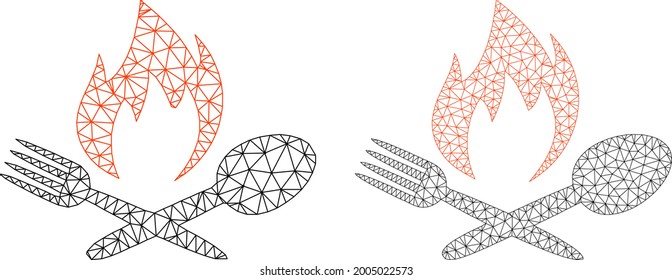 Polygonal Vector Hot Food Icons. Mesh Wireframe Hot Food Images In Lowpoly Style With Combined Triangles, Dots And Linear Items. Mesh Model Of Triangulated Hot Food, On A White Background.