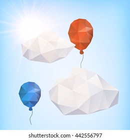 Polygonal vector illustration with balloons and clouds on the sky