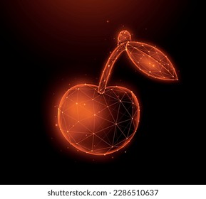 Polygonal vector illustration of cherry on a dark red background. Fruit in low poly style.