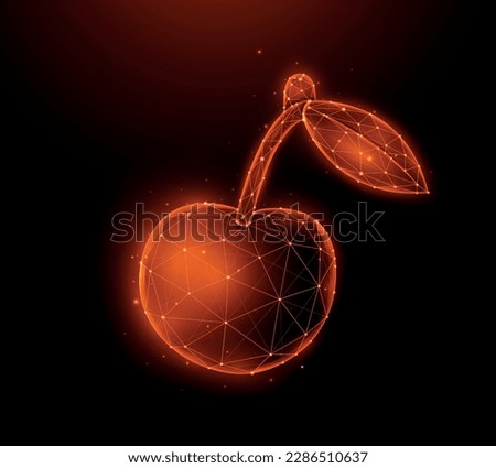 Polygonal vector illustration of cherry on a dark red background. Fruit in low poly style.
