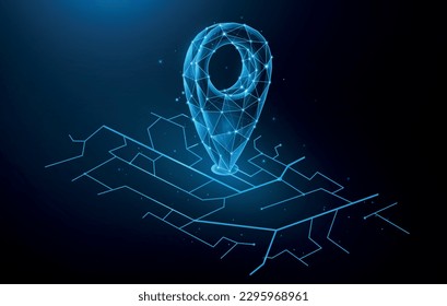 Ilustración vectorial poligonal del mapa de la ciudad y el pin de la ubicación. Concepto del sistema de navegación GPS.