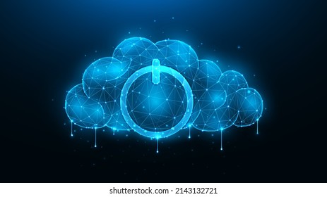 Polygonal vector illustration of a cloud with a power symbol on a dark blue background. The concept of cloud computing and data storage.