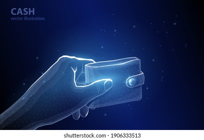 
Polygonal vector illustration concept of a hand holding a wallet on a dark blue background, cash symbol.