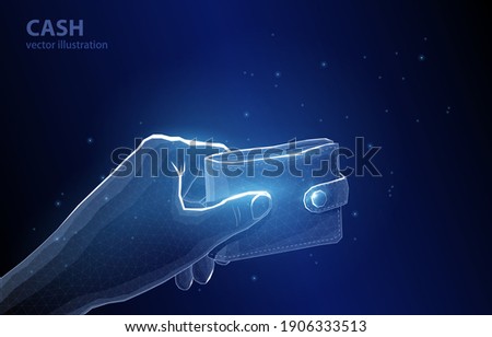 
Polygonal vector illustration concept of a hand holding a wallet on a dark blue background, cash symbol.