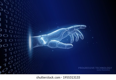 
Polygonal vector illustration concept, an humanoid robot hand appears from a data stream, on a dark blue background, a symbol of the development of computer technology, artificial intelligence.