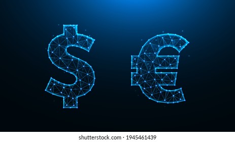 Polygonal vector illustration of the dollar and euro symbols. Dollar and euro made of lines and dots.