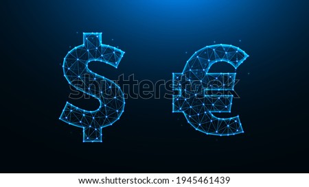 Polygonal vector illustration of the dollar and euro symbols. Dollar and euro made of lines and dots.