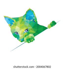 Polygonal vector illustration of a domestic green cat isolated on a white background. Advertising space. EPS 8