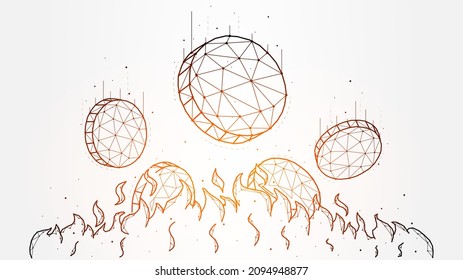 Polygonal vector illustration of falling coins in flames of fire. Burning coins concept. Money, cash and finance geometric art. Financial background, banner or template.