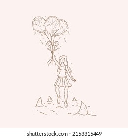Polygonal vector illustration of a girl with balloons that flies away from sharks. Psychological concept of avoiding problems.