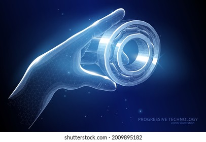 Polygonal vector illustration of a hand with a bearing on a blue background, a symbol of mechanical engineering, machine tool industry, mechanization.