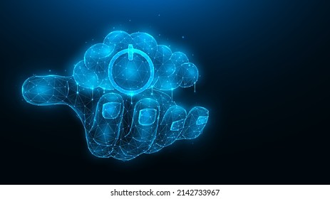 Polygonal vector illustration of a hand holding a cloud with a power symbol on a dark blue background. Cloud computing and data storage concept.