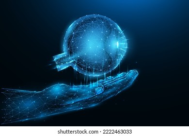 Polygonal vector illustration of a hand with a human eye. Vision concept. Medical banner, template or background.