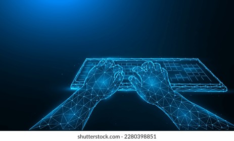 Ilustración vectorial poligonal de manos y teclado de computadora en un fondo azul oscuro.