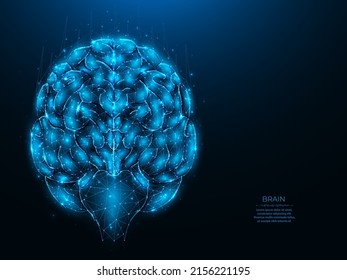 Ilustración vectorial poligonal de un cerebro humano sobre un fondo azul oscuro. Anatomía cerebral arte de polos bajos. Pancarta, plantilla o fondo médico del sistema nervioso. Concepto de inteligencia artificial
