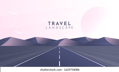 Polygonal vector illustration. Journey concept. Background with perspective effect. Wilderness. Desert scene with hills. Modern geometry template for website or game. Empty road. No one on the horizon