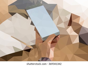 Polygonal Vector illustration.  low poly women using mobile phone in cafe, with space for text. Graphic element for designs.