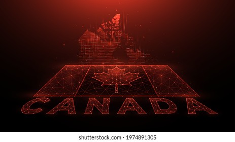 Polygonal vector illustration of map and flag of Canada. Abstract banner or template made of dots and lines on a dark red background.