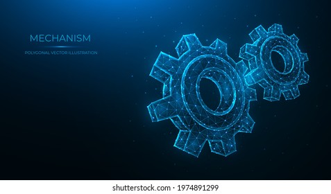 Polygonal vector illustration of a mechanism isolated on a blue background. Gears, cogwheel or settings. Industrial or mechanical engineering.