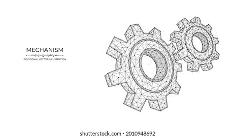 Polygonal vector illustration of a mechanism isolated on a white background. Gears, cogwheel or settings low poly art. Engineering concept