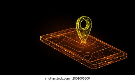 Polygonale Vektorgrafik der mobilen GPS-Navigation auf schwarzem Hintergrund. Smartphone und Zeiger auf der Karte futuristischen Konzept.
