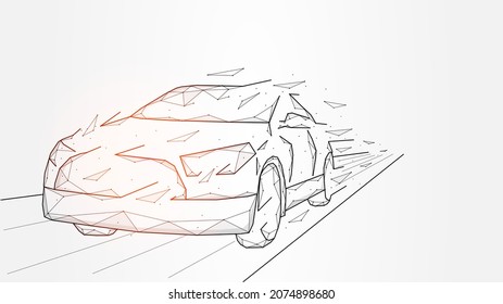 Polygonal vector illustration of a moving car, car driving, speed race, car made of dots and lines, creative vehicle banner or template.
