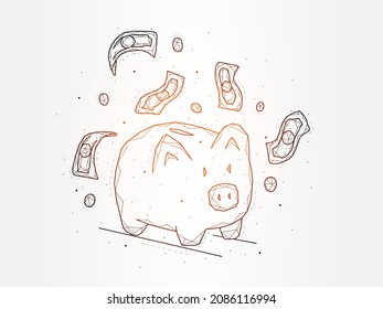 Polygonal vector illustration of a piggy bank with money, banknotes and coins. Money accumulation concept. Business and finance template, banner or background.