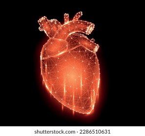 Polygonal vector illustration of a red heart on a black background, human internal organ. Medical cardiology banner, template or background.