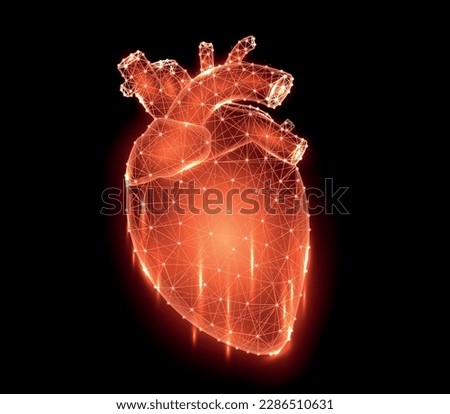 Polygonal vector illustration of a red heart on a black background, human internal organ. Medical cardiology banner, template or background.