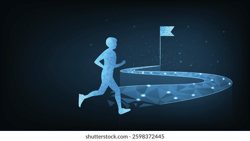 Polygonal vector illustration of runner on a dark blue background.Business concept of goals, Success, Ambition, Opportunity, achievement, Challenge, Success for the businessman. 