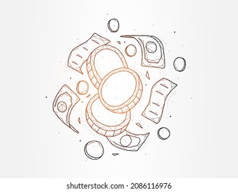 Polygonal vector illustration of three coins, banknotes and checks. Cash concept. Business and finance template, banner or background.