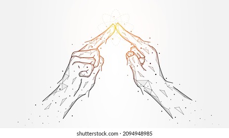 Ilustración vectorial poligonal de dedos que tocan. El concepto de conexión entre personas. Dos manos se tocan con los dedos índice. Fondo tecnológico futurista, banner o plantilla.
