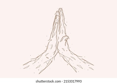 Polygonal vector illustration of touching palms of hands. The concept of friendship or love  relationships. Establishing contact line art.