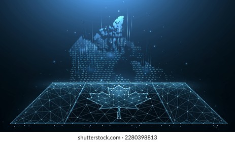 Ilustraciones de vectores poligonales del mapa y bandera de Canadá sobre un fondo azul oscuro.