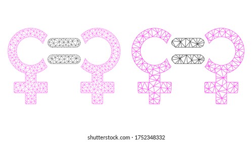 Icono de símbolo de relación lésbica vector poligonal. Imagen de símbolo de relación lesbiana de malla en estilo de baja póliza con triángulos, puntos y líneas conectados.