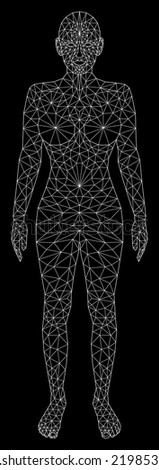 Polygonal vector linear illustration of female body in full length. White wire frame isolated on black background