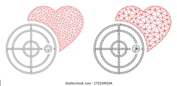Polygonal vector love heart radar icon. Mesh wireframe love heart radar image in lowpoly style with organized triangles, dots and linear items. Mesh model of triangulated love heart radar,