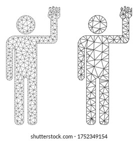 Polygonal vector man fist up icon. Mesh wireframe man fist up image in low poly style with organized triangles, dots and lines. Mesh concept of triangulated man fist up, on a white background.