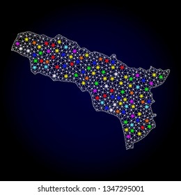 Polygonal vector map of Abkhazia with glare effect on a black background. Abstract triangles, lines, light colorful spots, points forms map of Abkhazia. White mesh,