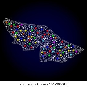 Polygonal vector map of Acre State with glow effect on a black background. Abstract triangles, lines, light colorful spots, dots forms map of Acre State. White mesh,