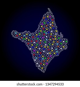 Polygonal vector map of Amapa state with glow effect on a black background. Abstract triangles, lines, light colorful spots, points forms map of Amapa state. White mesh,