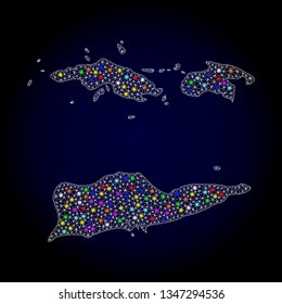 Polygonal vector map of American Virgin Islands with glare effect on a black background. Abstract triangles, lines, light colorful spots, points forms map of American Virgin Islands. White mesh,