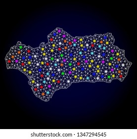 Polygonal vector map of Andalusia Province with glare effect on a black background. Abstract triangles, lines, light colorful spots, nodes forms map of Andalusia Province. White mesh,