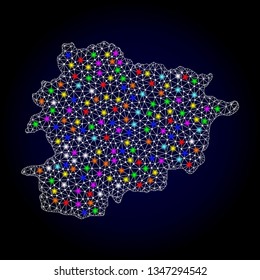 Polygonal vector map of Andorra with glow effect on a black background. Abstract triangles, lines, light colorful spots, dots forms map of Andorra. White mesh,